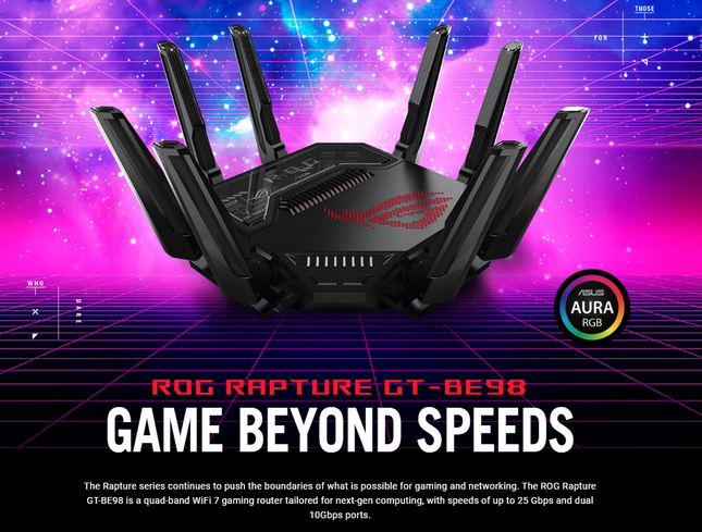 Asus ROG Rapture GT-BE98 Quad-band WiFi 7 (802.11be) Gaming Router - Black