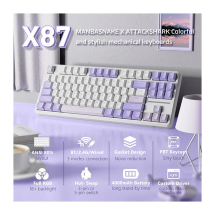 ATTACK SHARK X87 Tri-Mode (USB-C/2.4G Wireless/Bluetooth) 80% Gasket Mechanical Gaming Keyboard