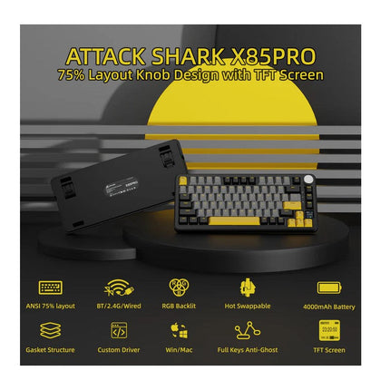 ATTACK SHARK X85PRO Tri-Mode (USB-C/2.4G /Bluetooth) 75% Wireless Gasket Mechanical Gaming Keyboard