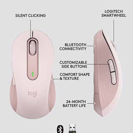Logitech Signature M650 Wireless Mouse, For Small to Medium Sized Hands, Silent Clicks, 5 Buttons, Bluetooth, Multi-Device Compatibility, 400 DPI Nominal Value, 10 M Range - Rose