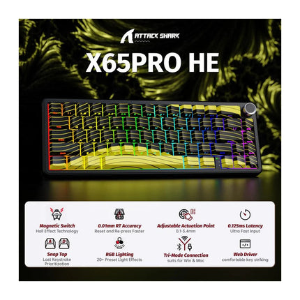 ATTACK SHARK X65PRO HE 60% Wireless Tri-Mode Connection (USB-C/2.4G Wireless/Bluetooth) Rapid Trigger Keyboard Magnetic Switch