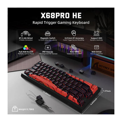 ATTACK SHARK X68PRO HE 60% Tri-Mode Wireless 8KHz Keyboard With 0.01mm RT Accuracy, Magnetic Switch - Black/Red