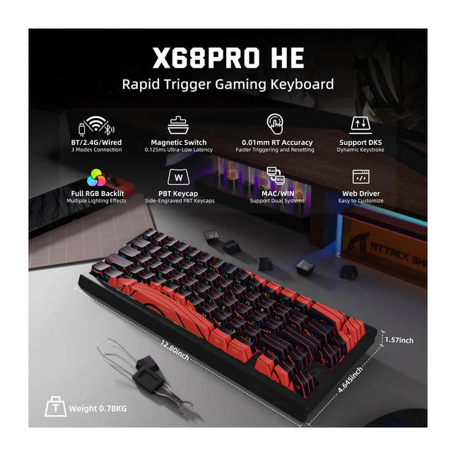 ATTACK SHARK X68PRO HE 60% Tri-Mode Wireless 8KHz Keyboard With 0.01mm RT Accuracy, Magnetic Switch - Black/Red