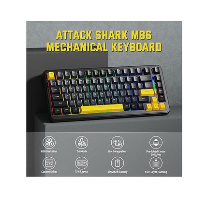 ATTACK SHARK M86 Tri-Mode  (USB-C/2.4G Wireless/Bluetooth) 75% ANSI Layout Gasket Mechanical Keyboard - Black