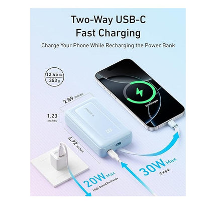 Anker Zolo Power Bank, 20,000mAh 30 W High-Speed Portable Charger with Built-In USB-C Cable - Blue