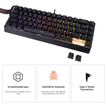 GAMEON MAGPRO Series GOMG1K8-RS 60% RGB Magnetic Mechanical Wired Gaming Keyboard with Customization Software & Wrist Band, Pink Switch - English/Arabic