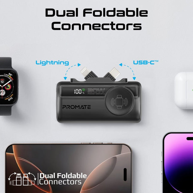 Promate 5000mAh Ultra-Compact Power Bank with USB-C, Lightning & Apple Watch Charge - Black