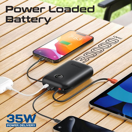 Promate 30000mAh Ultra Compact 35W Power Bank with Built-In USB-C & Lightning Cable - Black