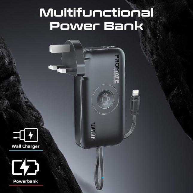 Promate 10000mAh Power Bank, 20W Power Delivery, Built-in Lightning Cable