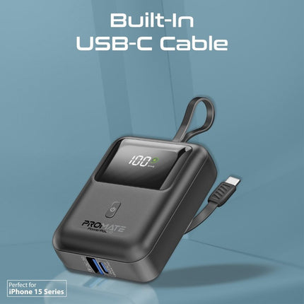 Promate 10000mAh Ultra Compact 35W Power Bank with Built-In USB-C Cable - Black