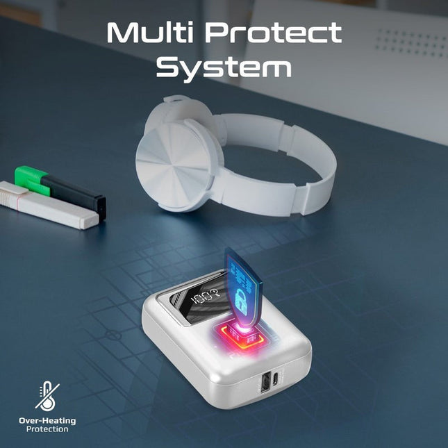 Promate 10000mAh Ultra Compact 35W Power Bank with Built-In USB-C Cable - White
