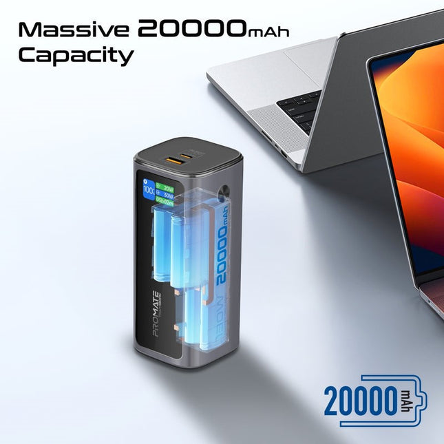 Promate 20000mAh 130W Aluminum Crafted Power Bank with Retractable USB-C Cable