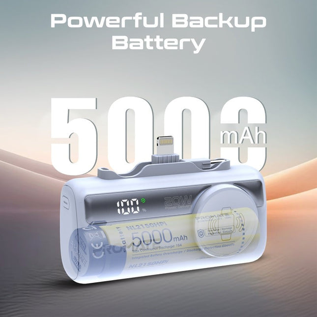 Promate 5000mAh Ultra-Compact Power Bank with USB-C, Lightning & Apple Watch Charge - Blue