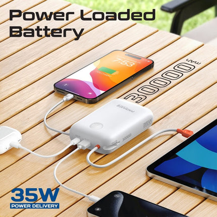 Promate 30000mAh Ultra Compact 35W Power Bank with Built-In USB-C & Lightning Cable - White