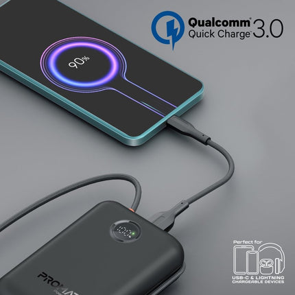 Promate 30000mAh Ultra Compact 35W Power Bank with Built-In USB-C & Lightning Cable - Black