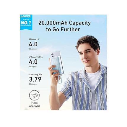 Anker Zolo Power Bank, 20,000mAh 30 W High-Speed Portable Charger with Built-In USB-C Cable - Blue