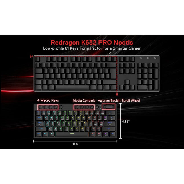 Redragon K632 Noctis 60% Wired RGB, Ultra-Thin Low Profile Mechanical Gaming Keyboard - Black