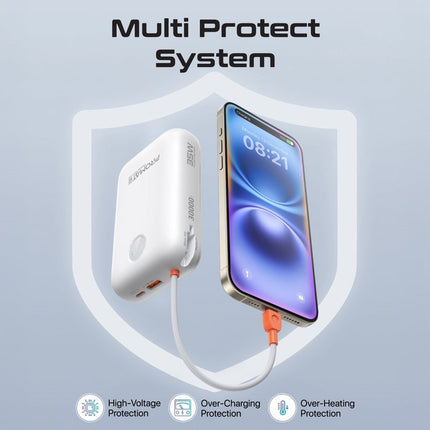 Promate 30000mAh Ultra Compact 35W Power Bank with Built-In USB-C & Lightning Cable - White