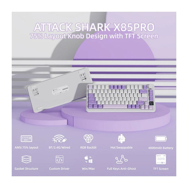 ATTACK SHARK X85PRO Tri-Mode (USB-C/2.4G /Bluetooth) 75% Wireless Gasket Mechanical Gaming Keyboard