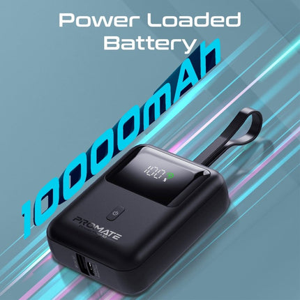 Promate 10000mAh Ultra Compact 35W Power Bank with Built-In USB-C Cable - Black
