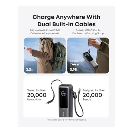 Anker 25,000mAh Power Bank with Triple 100 W USB-C Ports for Multi-Device Charging, Built-in and Retractable Cables - Black