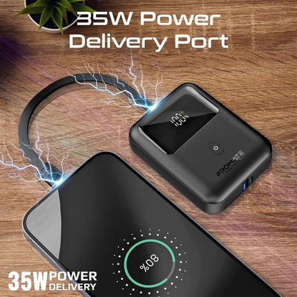 Promate 10000mAh Ultra Compact 35W Power Bank with Built-In USB-C Cable - Black