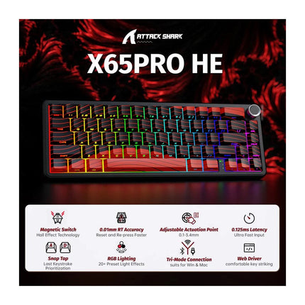 ATTACK SHARK X65PRO HE 60% Wireless Tri-Mode Connection (USB-C/2.4G Wireless/Bluetooth) Rapid Trigger Keyboard Magnetic Switch