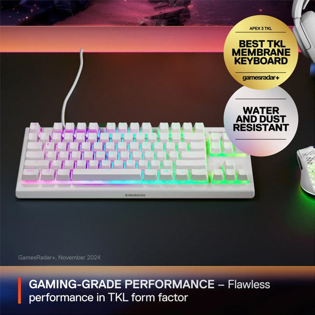 SteelSeries Apex 3 TKL Water Resistant Quiet Wired RGB Quiet Mechanical Gaming Keyboard - White (US Layout)