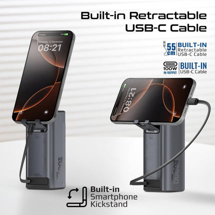 Promate 20000mAh 130W Aluminum Crafted Power Bank with Retractable USB-C Cable
