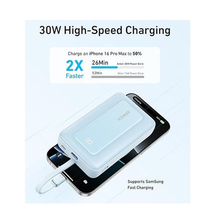 Anker Zolo Power Bank, 20,000mAh 30 W High-Speed Portable Charger with Built-In USB-C Cable - Blue