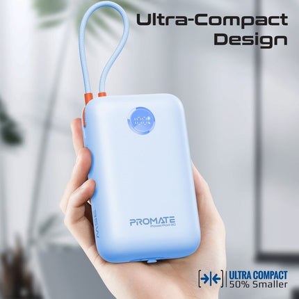 Promate 30000mAh Ultra Compact 35W Power Bank with Built-In USB-C & Lightning Cable - Blue