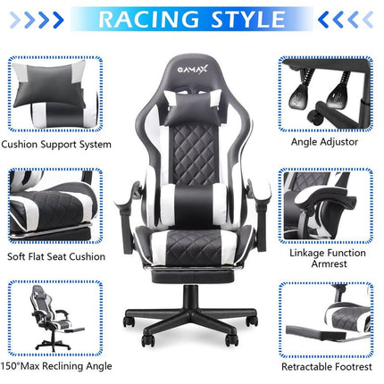 Gamax Gaming Chair Model 1-LT001L with Linkage Function Armrest & Retractable Footrest - Black