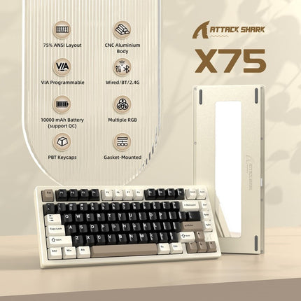 ATTACK SHARK X75 Tri-Mode (USB-C/2.4G /Bluetooth) 75% Wireless Gasket Mechanical Full Aluminum Gaming Keyboard
