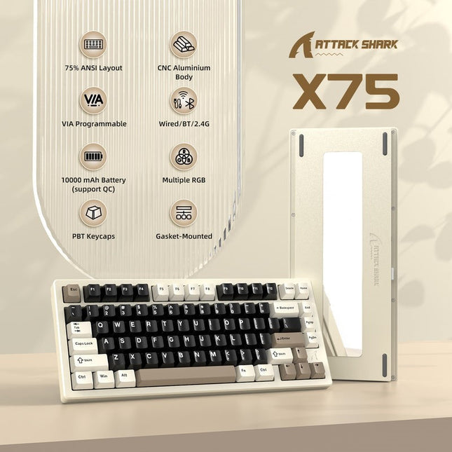 ATTACK SHARK X75 Tri-Mode (USB-C/2.4G /Bluetooth) 75% Wireless Gasket Mechanical Full Aluminum Gaming Keyboard