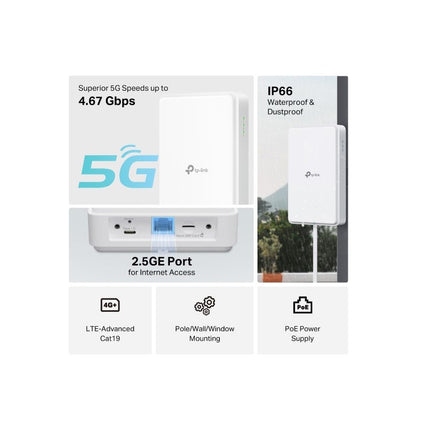 TP-Link Outdoor 5G Router with External SIM, 5G Download Speed Upto 4.67 Gbps, 4G CAT19 up to 1.6 Gbps, 2.5 GE Port, Supports Passive PoE and 802.3af/802.3at, IP66, Flexible Mount