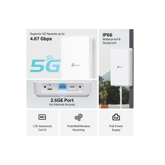 TP-Link Outdoor 5G Router with External SIM, 5G Download Speed Upto 4.67 Gbps, 4G CAT19 up to 1.6 Gbps, 2.5 GE Port, Supports Passive PoE and 802.3af/802.3at, IP66, Flexible Mount