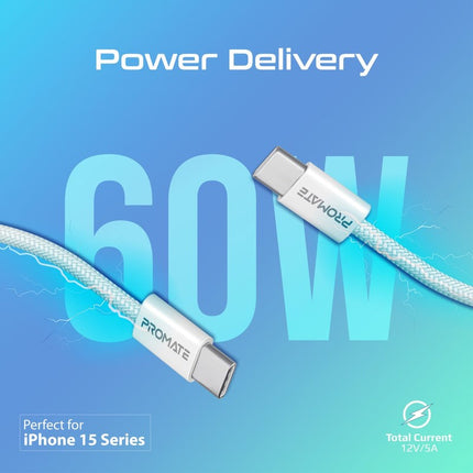 Promate Ultra-Fast 60W PD USB-C Fabric Braided Cable