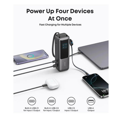 Anker 25,000mAh Power Bank with Triple 100 W USB-C Ports for Multi-Device Charging, Built-in and Retractable Cables - Black