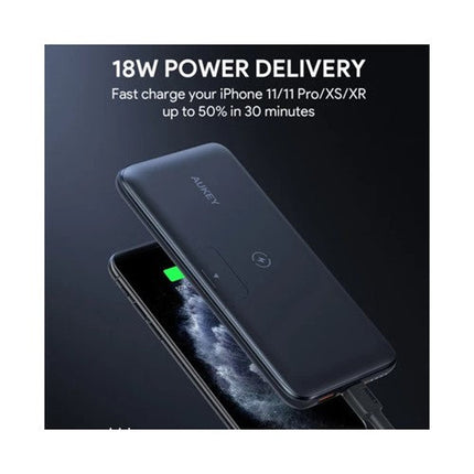 Aukey 10000mAh Wireless Charging Power Bank, 18W PD Fast Charging - Black