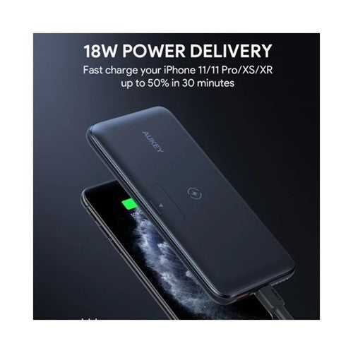 Aukey 10000mAh Wireless Charging Power Bank, 18W PD Fast Charging - Black