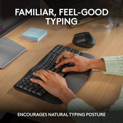 Logitech Wave Keys Wireless Ergonomic Keyboard with Cushioned Palm Rest, Comfortable Natural Typing,  Bluetooth, Logi Bolt Receiver, for Multi-OS, Windows/Mac, English/Arabic Layout - Graphite