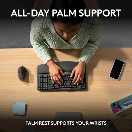 Logitech Wave Keys Wireless Ergonomic Keyboard with Cushioned Palm Rest, Comfortable Natural Typing,  Bluetooth, Logi Bolt Receiver, for Multi-OS, Windows/Mac, English/Arabic Layout - Graphite