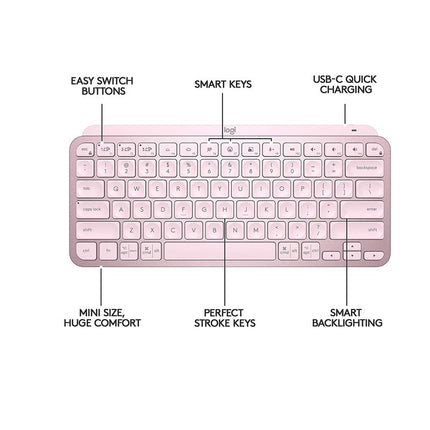 Logitech MX Keys Mini Minimalist Wireless Illuminated Keyboard, Bluetooth / USB-C Connector, 10 M Range - Rose Pink