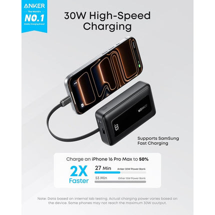 Anker Zolo Power Bank 10000mAh 22.5W Fast Charging Power Bank with Built-in USB-C Cable - Black