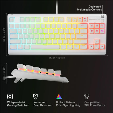 SteelSeries Apex 3 TKL Water Resistant Quiet Wired RGB Quiet Mechanical Gaming Keyboard - White (US Layout)