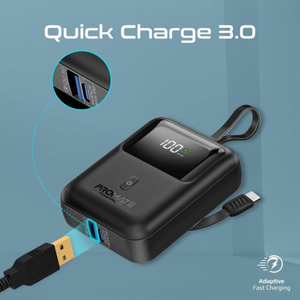 Promate 10000mAh Ultra Compact 35W Power Bank with Built-In USB-C Cable - Black