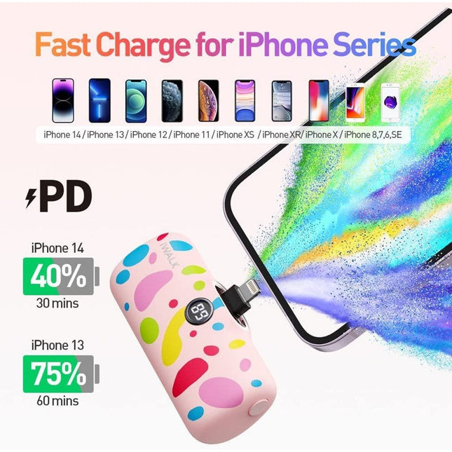 iWalk Link Me Pro Fast Charge 4800mAh Pocket Battery With Battery Display For iPhone - Pink Bubble Pattern