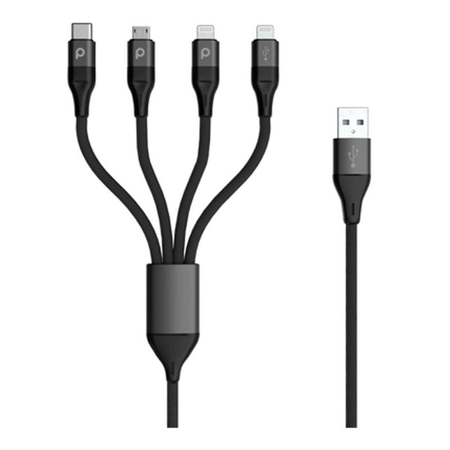 Porodo 4in1 Aluminum Braided Fast Charge Cable (1.2m/4ft), Black.