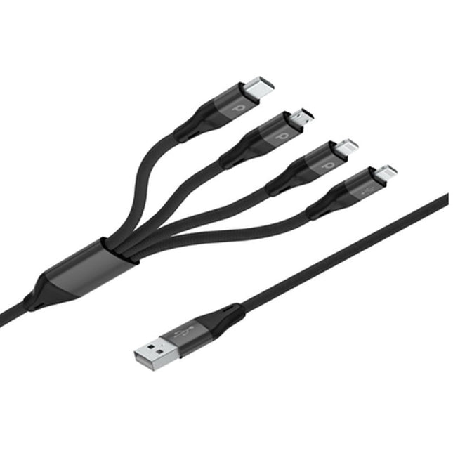 Porodo 4in1 Aluminum Braided Fast Charge Cable (1.2m/4ft), Black.