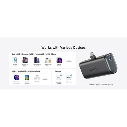 Anker Nano Power Bank with Built-in Foldable USB-C Connector, 5000 mAh Portable Charger 22.5 Watts